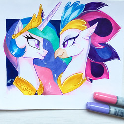 Size: 1080x1080 | Tagged: safe, artist:antych, princess celestia, queen novo, alicorn, classical hippogriff, hippogriff, pony, g4, my little pony: the movie, duo, face to face, female, friendship, jewelry, looking at each other, mare, marker drawing, markers, photo, regalia, royalty, simple background, traditional art, white background
