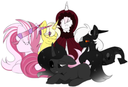 Size: 3388x2308 | Tagged: safe, artist:taaffeiite, derpibooru exclusive, oc, oc only, oc:ashbonde, oc:lemon drops, oc:nightmare, oc:scarlet starlight, oc:solar eclipse, dracony, earth pony, pony, unicorn, cloak, clothes, high res, parent:cyberia starlight, parent:sakura starlight, scar, simple background, transparent background