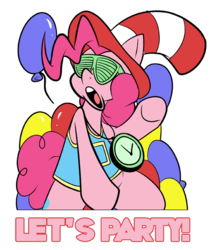 Size: 576x666 | Tagged: safe, artist:pembroke, pinkie pie, earth pony, pony, g4, balloon, clock, clothes, female, hat, open mouth, pinkie patreon, shutter shades, simple background, solo, sunglasses, text, transparent background