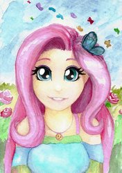 Size: 600x852 | Tagged: safe, artist:astevenamedwolf, fluttershy, butterfly, equestria girls, g4, my little pony equestria girls: better together, female, geode of fauna, looking at you, magical geodes, solo, traditional art
