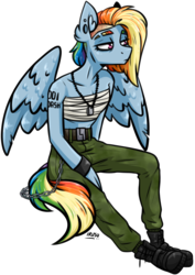 Size: 1975x2796 | Tagged: safe, artist:lrusu, rainbow dash, pegasus, anthro, g4, alternate hairstyle, bandage, boots, breasts, clothes, dog tags, female, mare, pants, shoes, signature, simple background, small breasts, solo, white background