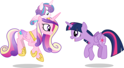 Size: 5425x3000 | Tagged: safe, artist:cloudy glow, princess cadance, princess flurry heart, twilight sparkle, alicorn, pony, g4, road to friendship, aunt and niece, auntie twilight, baby, baby pony, concave belly, diaper, female, looking at each other, mama cadence, mare, mother and daughter, simple background, sisters-in-law, slender, smiling, sunshine sunshine, thin, transparent background, twilight sparkle (alicorn), vector
