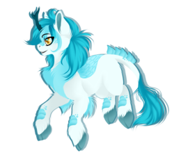 Size: 1082x966 | Tagged: safe, artist:requiem♥, oc, oc only, kirin, adoptable, blue fur, blue mane, blue tail, cheek fluff, chest fluff, ear fluff, fluffy, hooves, horn, long tail, simple background, solo, transparent background, yellow eyes