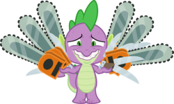 Size: 4984x3000 | Tagged: safe, artist:sollace, spike, dragon, g4, horse play, .svg available, chainsaw, grin, juggling, knife, male, nervous, nervous smile, out of character, show accurate, simple background, smiling, solo, sweat, sweatdrop, sweatdrops, this will end in death, this will end in pain, this will end in tears, this will not end well, transparent background, unsure, vector