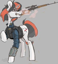 Size: 1966x2165 | Tagged: safe, artist:ducha, oc, oc only, oc:blackjack, pony, unicorn, fallout equestria, fallout equestria: project horizons, angry, armor, clothes, fanfic, fanfic art, female, glowing horn, gun, hooves, horn, jumpsuit, levitation, magic, mare, optical sight, pipbuck, raised hoof, rifle, scope, security armor, simple background, small horn, sniper rifle, solo, svd, telekinesis, vault security armor, vault suit, weapon