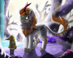 Size: 1536x1228 | Tagged: dead source, safe, artist:pencil bolt, autumn blaze, human, kirin, g4, sounds of silence, crossover, fantasy, forest, light, little nightmares, macro, mouth hold, shadow, six (little nightmares), size difference