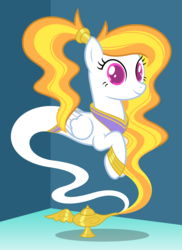 Size: 6400x8800 | Tagged: safe, artist:parclytaxel, oc, oc only, oc:storm shield, genie, genie pony, monster pony, pegasus, pony, .svg available, absurd resolution, bracelet, corner, female, flowing mane, geniefied, jewelry, lamp, looking at you, mare, peytral, ponytail, raised hoof, smiling, solo, vector, waistband, ych result