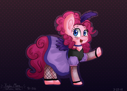Size: 4900x3500 | Tagged: safe, artist:inkwellartz, pinkie pie, earth pony, pony, g4, over a barrel, big ears, blushing, clothes, dress, female, fishnet stockings, looking at you, mare, open mouth, raised hoof, saloon dress, saloon pinkie, solo