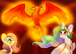 Size: 4900x3500 | Tagged: safe, artist:inkwellartz, fluttershy, philomena, princess celestia, alicorn, pegasus, phoenix, pony, a bird in the hoof, g4, abstract background, big ears, blushing, crying, ethereal mane, female, jewelry, looking up, mare, open mouth, regalia, starry mane, trio