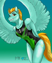 Size: 1024x1247 | Tagged: safe, artist:thunderblitz1, lightning dust, anthro, g4, the washouts (episode), clothes, deviantart watermark, female, gradient background, looking at you, obtrusive watermark, signature, solo, uniform, washouts uniform, watermark