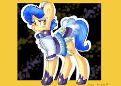 Size: 4900x3500 | Tagged: safe, artist:inkwellartz, sapphire shores, earth pony, pony, g4, abstract background, blushing, clothes, dress, female, hat, hoof shoes, lidded eyes, looking at you, mare, solo, top hat
