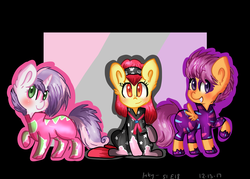 Size: 4900x3500 | Tagged: safe, artist:inkwellartz, apple bloom, scootaloo, sweetie belle, pony, g4, the show stoppers, abstract background, alternate hairstyle, clothes, cute, cutie mark crusaders, face paint, female, filly, looking at you, raised hoof, show stopper outfits, sitting, smiling, trio