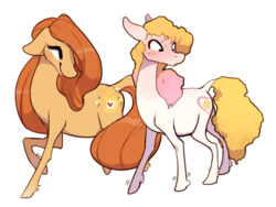 Size: 640x480 | Tagged: safe, artist:bananasmores, bumblesweet (g3), golden delicious (g3), earth pony, pony, g3, avoiding eye contact, blushing, crush, dock, duo, female, floppy ears, lesbian, nervous, ship:bumblelicious, shipping, simple background, transparent background, unshorn fetlocks
