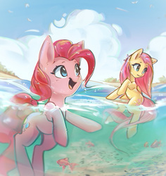 Size: 1136x1201 | Tagged: safe, artist:mirroredsea, fluttershy, pinkie pie, earth pony, fish, pegasus, pony, g4, cloud, duo, female, mare, scenery, swimming, water