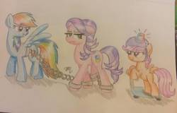 Size: 1165x744 | Tagged: safe, artist:prinrue, rainbow dash, scootaloo, spoiled rich, g4, arrested, chains, cuffs, police, shackles, traditional art