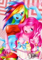 Size: 602x846 | Tagged: safe, artist:rana, pinkie pie, rainbow dash, equestria girls, g4, boobie mark, breasts, cleavage, clothes, nightgown, one eye closed, pants, top, wink