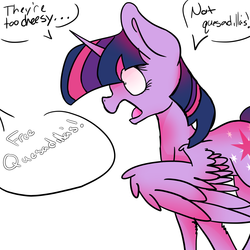 Size: 1280x1280 | Tagged: safe, artist:ask-azalea-grey, twilight sparkle, alicorn, pony, g4, cutie mark, dialogue, female, mare, offscreen character, open mouth, request, shocked, simple background, solo, speech bubble, spread wings, they're just so cheesy, twilight sparkle (alicorn), white background, wings