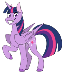 Size: 1056x1200 | Tagged: safe, artist:ask-azalea-grey, part of a set, twilight sparkle, alicorn, pony, g4, cutie mark, female, grin, looking at you, mare, obtrusive watermark, raised hoof, simple background, smiling, solo, transparent background, twilight sparkle (alicorn), watermark