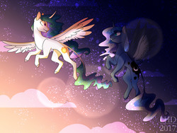 Size: 1280x960 | Tagged: safe, artist:ask-azalea-grey, princess celestia, princess luna, alicorn, pony, g4, curved horn, cutie mark, dawn, duo, female, flying, horn, lens flare, leonine tail, looking at each other, mare, missing accessory, sisters, smiling, stars