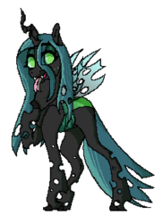 Size: 450x618 | Tagged: safe, artist:ask-azalea-grey, part of a set, queen chrysalis, changeling, changeling queen, g4, female, hoof on chest, looking at you, open mouth, pixel art, simple background, solo, three quarter view, tongue out, transparent background