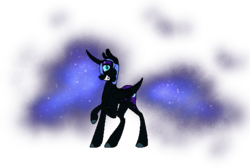 Size: 563x379 | Tagged: safe, artist:ask-azalea-grey, part of a set, nightmare moon, alicorn, pony, g4, curved horn, cutie mark, ethereal mane, female, grin, helmet, horn, looking at you, mare, missing accessory, pixel art, raised hoof, simple background, smiling, solo, starry mane, transparent background