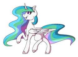 Size: 600x438 | Tagged: safe, artist:ask-azalea-grey, part of a set, princess celestia, alicorn, pony, g4, ethereal mane, female, mare, missing accessory, pixel art, raised hoof, simple background, smiling, solo, starry mane, transparent background