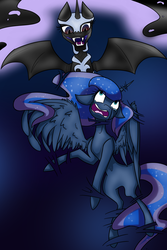 Size: 1000x1500 | Tagged: safe, artist:ask-azalea-grey, nightmare moon, princess luna, alicorn, pony, g4, bat wings, crying, duality, duo, female, floppy ears, mare, missing accessory, open mouth, prehensile mane, spread wings, wings