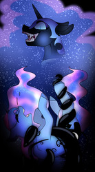 Size: 1056x1920 | Tagged: safe, artist:ask-azalea-grey, nightmare moon, princess luna, alicorn, pony, g4, crying, duality, duo, ethereal mane, female, floppy ears, mare, open mouth, redraw, starry mane, tentacles