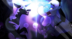 Size: 1280x704 | Tagged: safe, artist:ask-azalea-grey, nightmare moon, princess luna, alicorn, pony, g4, confrontation, crepuscular rays, duality, duo, female, inner conflict, lens flare, mare, open mouth, rearing, redraw