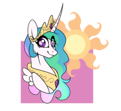 Size: 652x600 | Tagged: dead source, safe, artist:ask-azalea-grey, part of a set, princess celestia, alicorn, pony, g4, bust, curved horn, cutie mark background, female, horn, jewelry, looking at you, mare, regalia, simple background, smiling, solo, transparent background