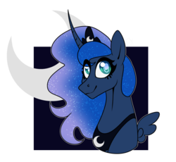 Size: 652x600 | Tagged: safe, artist:ask-azalea-grey, part of a set, princess luna, alicorn, pony, g4, bust, curved horn, cutie mark background, female, horn, jewelry, looking at you, mare, regalia, simple background, smiling, solo, transparent background