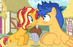 Size: 1154x744 | Tagged: safe, artist:princess-kitsune-tsu, flash sentry, sunset shimmer, pegasus, pony, unicorn, g4, base used, female, male, milkshake, sharing a drink, ship:flashimmer, shipping, straight, straw