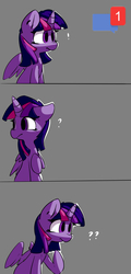 Size: 1000x2088 | Tagged: safe, artist:luxaestas, edit, editor:twitchyylive, twilight sparkle, alicorn, pony, g4, comic, confused, discord (program), exclamation point, female, floppy ears, frown, gray background, looking back, mare, meme, notification, pointing, raised hoof, simple background, sitting, solo, spread wings, surprised, twilight sparkle (alicorn), wide eyes, wings
