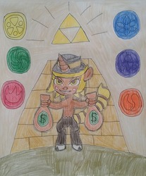 Size: 1024x1236 | Tagged: safe, artist:tobiisabunny, oc, oc only, oc:lack luster, satyr, avarice, evil, evil smile, fedora, golden eyes, greed incarnate, grin, hat, money, pyramid, scorpion tail, smiling, solo, the legend of zelda, the marevolent six, traditional art, triforce, wolf in sheeps clothing