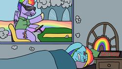 Size: 1280x720 | Tagged: safe, artist:slamjam, bow hothoof, rainbow dash, pegasus, pony, g4, 30 year old boomer, alarm clock, bed, blanket, bloodshot eyes, boomer, clock, clothes, cloud, crying, female, folded wings, gritted teeth, lawn mower, male, mare, meme, open mouth, ponified meme, rainbow, saturday, shirt, smoke, stallion, sunglasses, teeth, window, wings, wojak