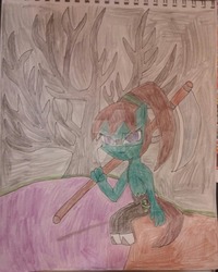 Size: 1024x1279 | Tagged: safe, artist:tobiisabunny, oc, oc only, oc:bitter rot, earth pony, pony, satyr, cloud, cloudy, dead tree, evil, frown, glasses, poison lake, rotten apple, scythe, solo, traditional art, tree, wasteland