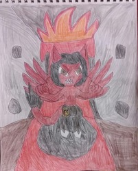 Size: 1024x1273 | Tagged: safe, artist:tobiisabunny, oc, oc only, oc:havoc fury, hybrid, pegasus, pony, satyr, fangs, lava, meme, rage, rage face, smoke, solo, the marevolent six, traditional art, volcano