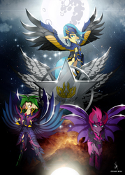 Size: 3000x4200 | Tagged: safe, artist:zidanemina, captain celaeno, princess skystar, tempest shadow, classical hippogriff, hippogriff, pony, g4, my little pony: the movie, anime, armor, crossover, female, helmet, mare, saint seiya