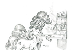 Size: 1400x980 | Tagged: safe, artist:baron engel, pinkie pie, sweetie belle, earth pony, pony, unicorn, cooking, duo, eldritch abomination, female, filly, food, grayscale, lethal chef, mare, monochrome, oven, pencil drawing, simple background, sketch, stove, sweetie belle can't cook, sweetie fail, tentacles, traditional art, white background