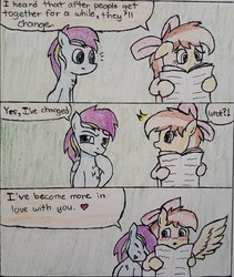 Size: 2465x2925 | Tagged: safe, artist:cloudsky14, oc, oc only, oc:cloudy dee sky, oc:joycie, blushing, bow, change, comic, couple, cute, high res, love, meme, otp, shipping, traditional art