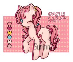 Size: 700x598 | Tagged: safe, artist:gurinn, oc, oc only, earth pony, pony, :p, adoptable, advertisement, auction, digital art, female, hairband, mare, obtrusive watermark, one eye closed, raised hoof, silly, smiling, solo, tongue out, watermark, wink