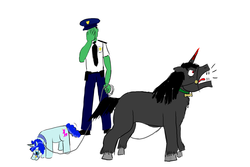 Size: 2400x1600 | Tagged: safe, artist:horsesplease, king sombra, party favor, oc, oc:anon, human, pony, unicorn, g4, barking, behaving like a dog, clothes, collar, disappointed, doggie favor, facepalm, leash, male, paint tool sai, police officer, policeman, sniffing, sombra dog, stallion, uniform, upset, year of the dog