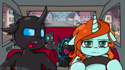 Size: 2732x1536 | Tagged: safe, artist:mobubbles, artist:spheedc, queen chrysalis, oc, oc:corvus, oc:crann taca, oc:kyle, changeling, changeling queen, nymph, pony, unicorn, g4, car, car interior, cute, cutealis, cuteling, driving, exhausted, female, filly, filly queen chrysalis, floppy ears, foal, ocbetes, village, yelling, younger