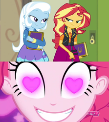 Size: 852x955 | Tagged: safe, artist:themexicanpunisher, edit, edited screencap, screencap, pinkie pie, sunset shimmer, trixie, coinky-dink world, equestria girls, equestria girls specials, g4, my little pony equestria girls: better together, my little pony equestria girls: forgotten friendship, my little pony equestria girls: summertime shorts, book, canterlot high, clothes, female, geode of empathy, heart eyes, journal, lesbian, lockers, meme, pinkie's eyes, ship:suntrix, shipper on deck, shipper pie, shipping, smiling, wingding eyes