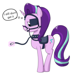Size: 2509x2545 | Tagged: safe, artist:moonatik, starlight glimmer, pony, g4, bit, blinders, bridle, collar, female, high res, implied trixie, leash, magic, reins, saddle, simple background, solo, tack, telekinesis, thought bubble, transparent background