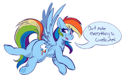 Size: 3121x1965 | Tagged: safe, artist:graphene, rainbow dash, pegasus, pony, g4, dialogue, female, flying, looking back, mare, open mouth, simple background, solo, speech bubble, white background