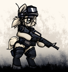 Size: 2244x2380 | Tagged: safe, artist:jetwave, oc, oc only, oc:treasure, earth pony, pony, antennae, ar-15, bipedal, body armor, clothes, female, gear, goggles, gun, hair tie, headgear, helmet, high res, leotard, m4a1, military, operator, rifle, socks, solo, thigh highs, tired, torn clothes, weapon