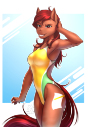 Size: 1309x1900 | Tagged: safe, artist:mykegreywolf, oc, oc only, oc:penny, earth pony, anthro, abstract background, anthro oc, armpits, breasts, clothes, female, high-cut clothing, long tail, mare, one-piece swimsuit, open-back swimsuit, solo, swimsuit