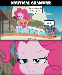 Size: 1918x2333 | Tagged: safe, edit, edited screencap, editor:leonidus, screencap, pinkie pie, rarity, twilight sparkle, equestria girls, g4, my little pony equestria girls: better together, the salty sails, clothes, dialogue, funny, glasses, grammar nazi, hat, narrowed eyes, nitpicking, ocean, one-piece swimsuit, pinkie pie is not amused, pinkie pie swimsuit, pirate, ponytail, pun, rarity's blue sarong, sarong, sci-twi swimsuit, ship, sun hat, swimsuit, text, this will end in walking the plank, unamused