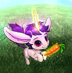 Size: 1485x1499 | Tagged: safe, artist:xbi, oc, oc only, oc:lapush buns, bunnycorn, pony, unicorn, bunny ears, carrot, food, horn, impossibly large ears, impossibly large horn, looking at you, magic, male, solo, telekinesis